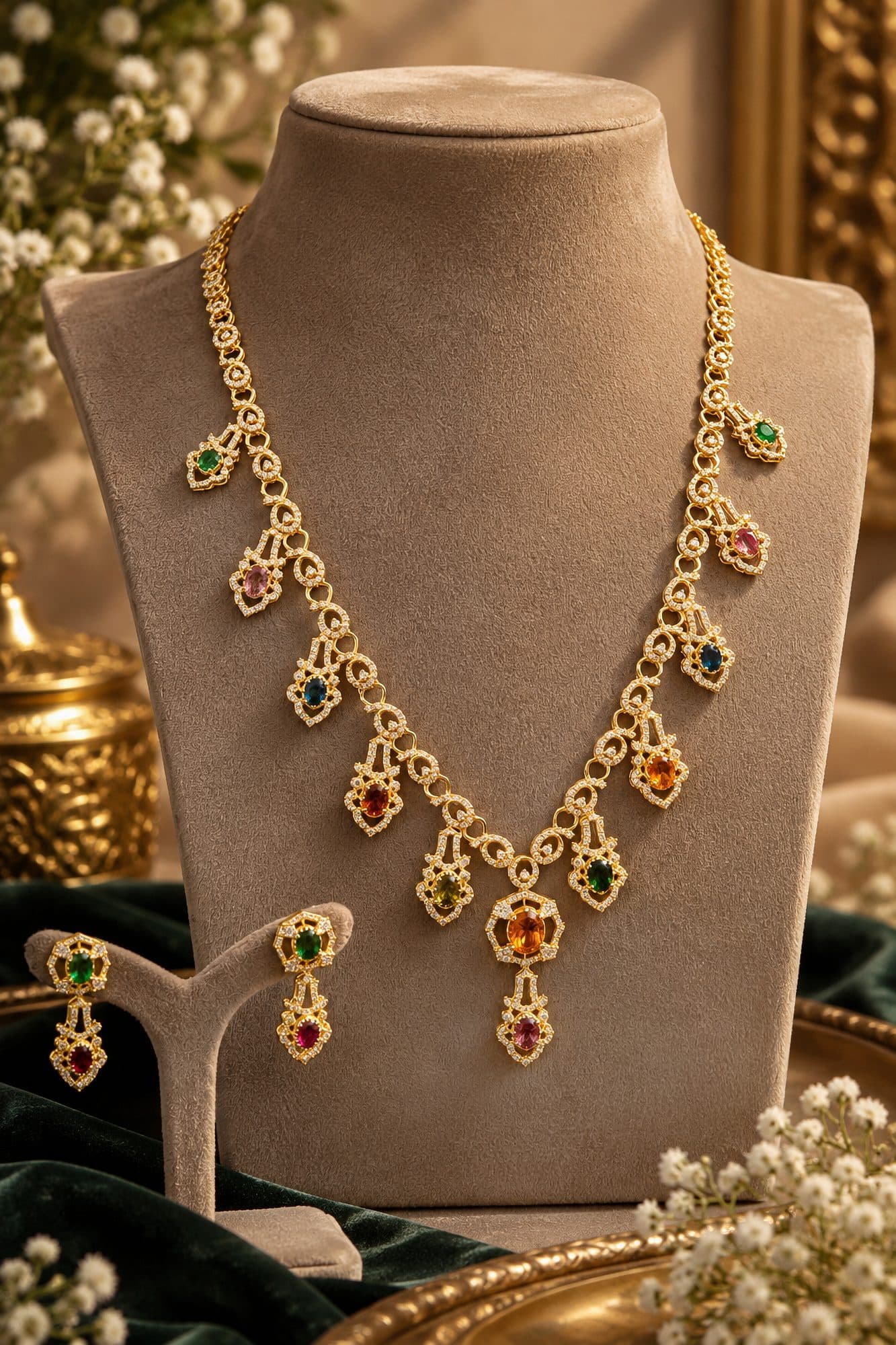 An Uncut (Chakri) necklace and matching earrings on a bust