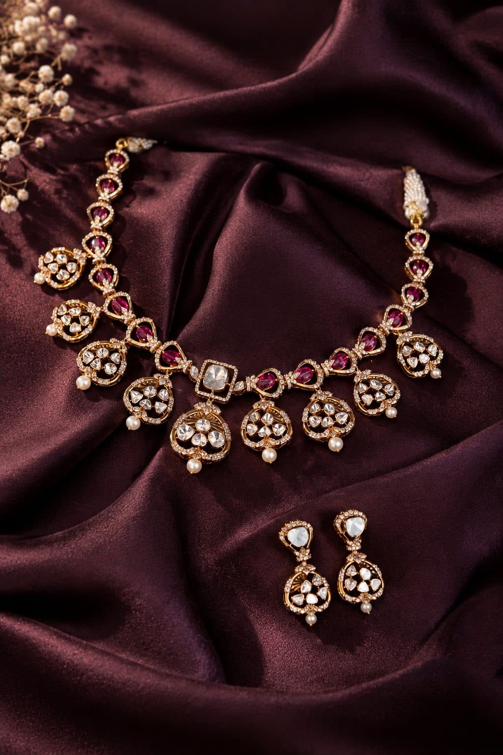 A Polki necklace with matching earrings on plum silk