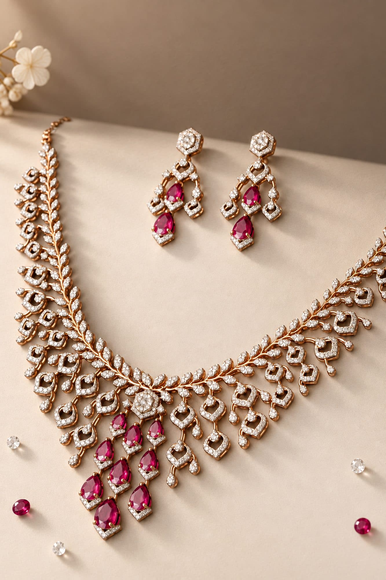 A diamond necklace with ruby drops and matching earrings