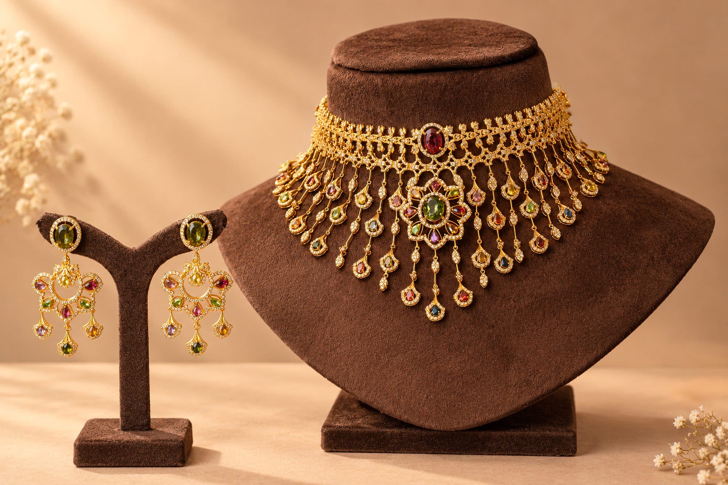An Uncut (Chakri) choker and earrings displayed on a bust