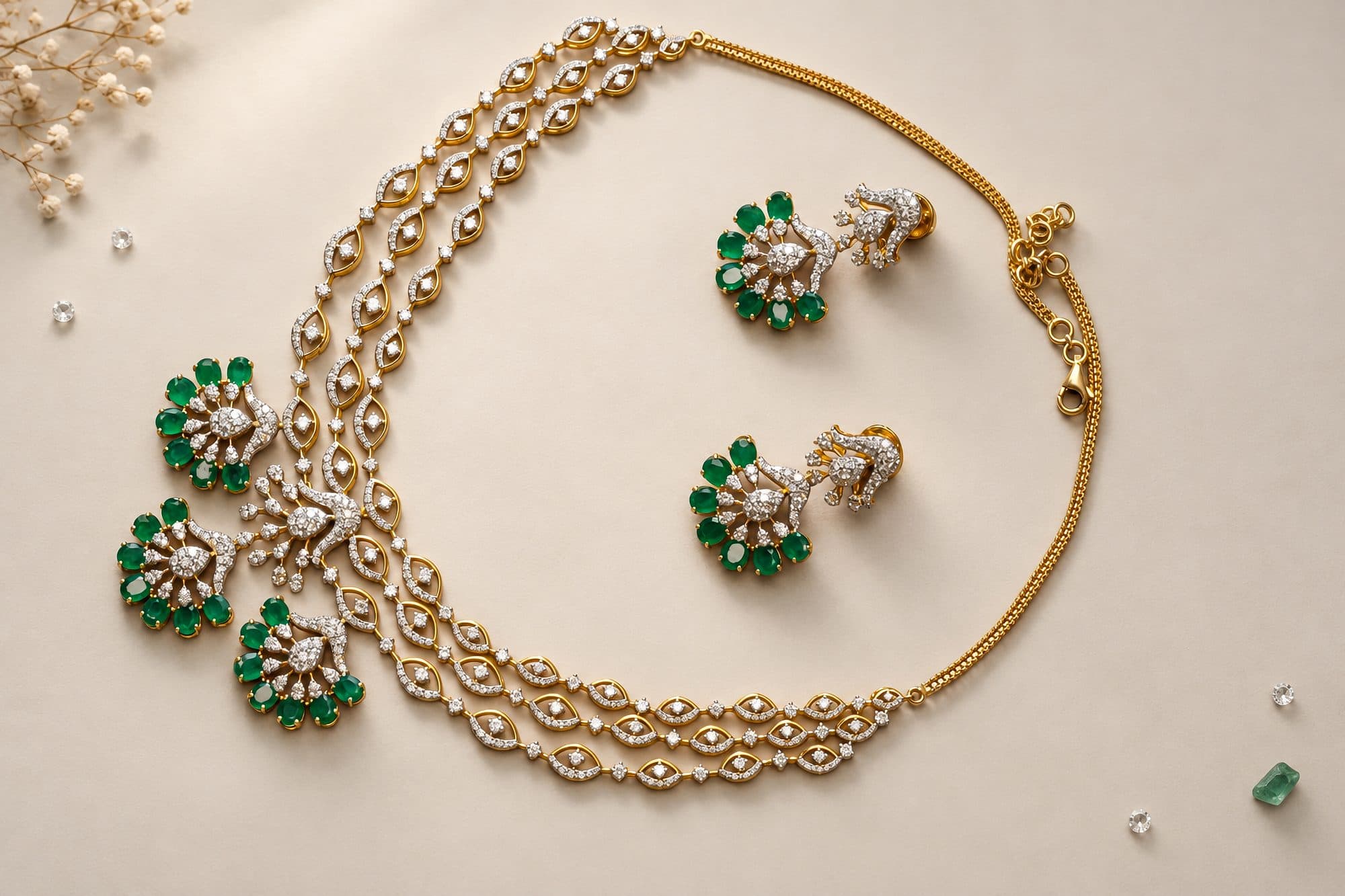 A diamond and emerald necklace with matching earrings