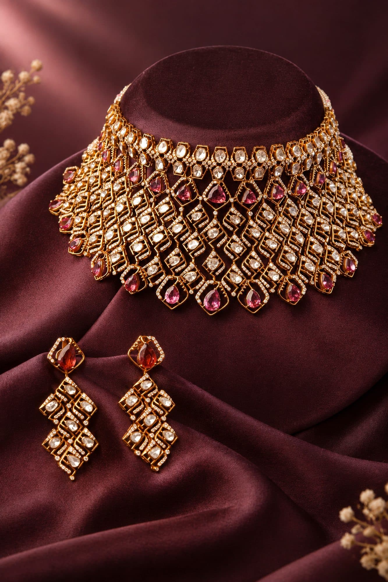 A Polki choker and matching earrings on plum silk