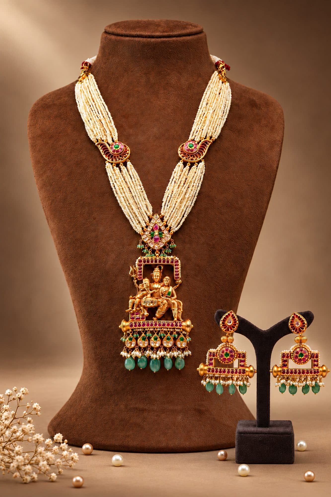 A South Kundan long necklace with pearl strands and matching earrings on a bust