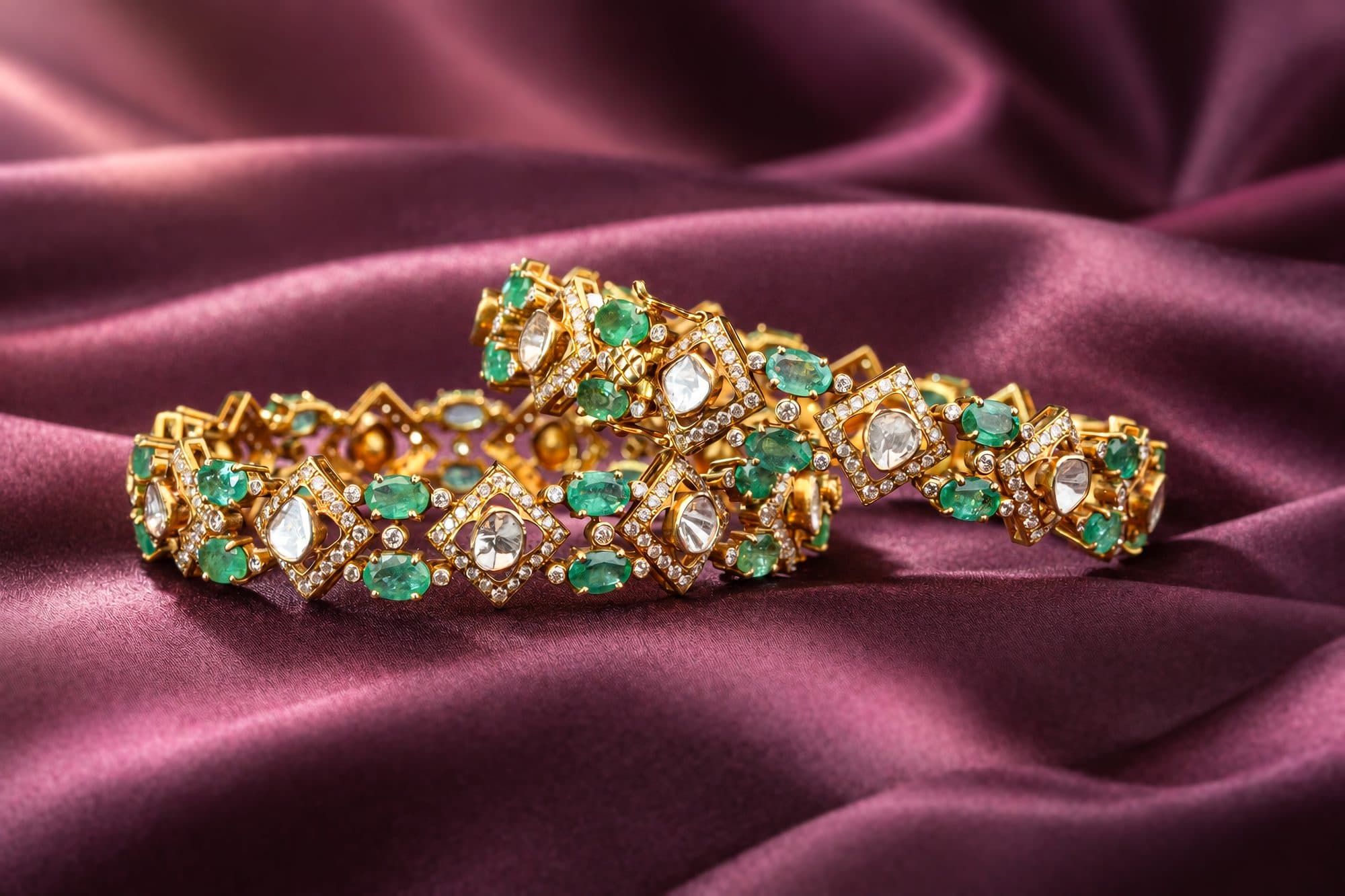 Polki bangles set with uncut diamonds and emeralds on plum silk
